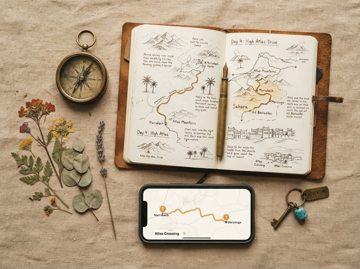 Flat lay of an open travel journal with hand-drawn route sketches, a brass compass, and a smartphone showing a minimal map app