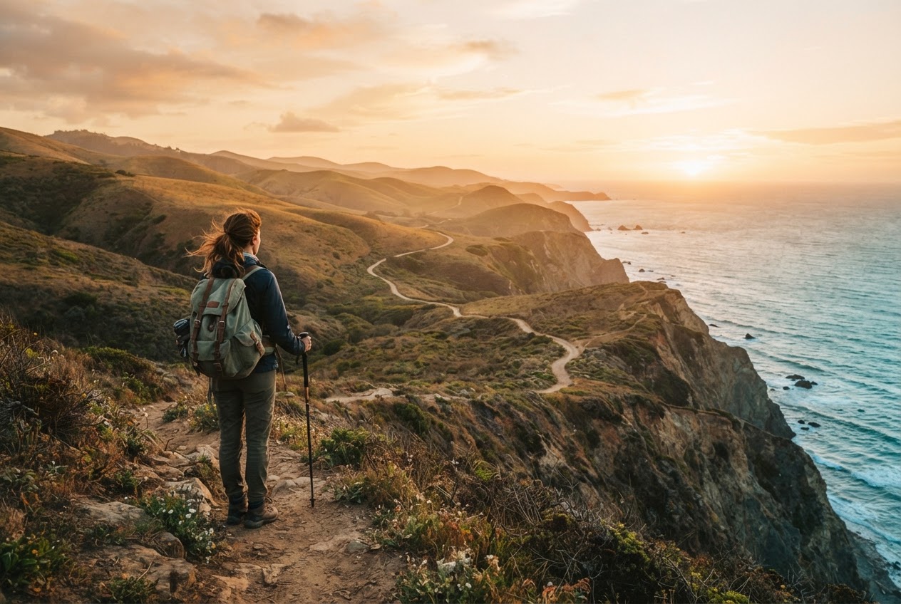 Solo traveler with backpack standing on a scenic coastal cliff path at golden hour, navigating offline with Bold Nomad Ventures routes
