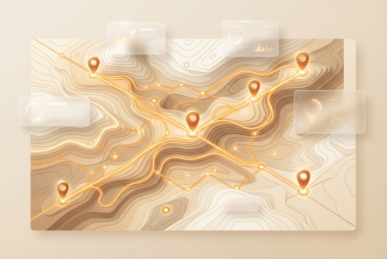 Abstract stylized topographic map with glowing amber route lines connecting nodes and location pins