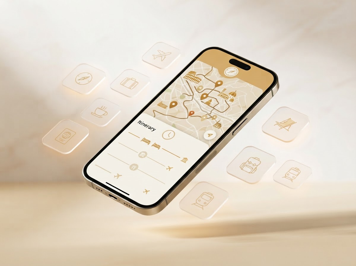 Smartphone displaying the Bold Nomad Ventures travel itinerary app with map routes and pins