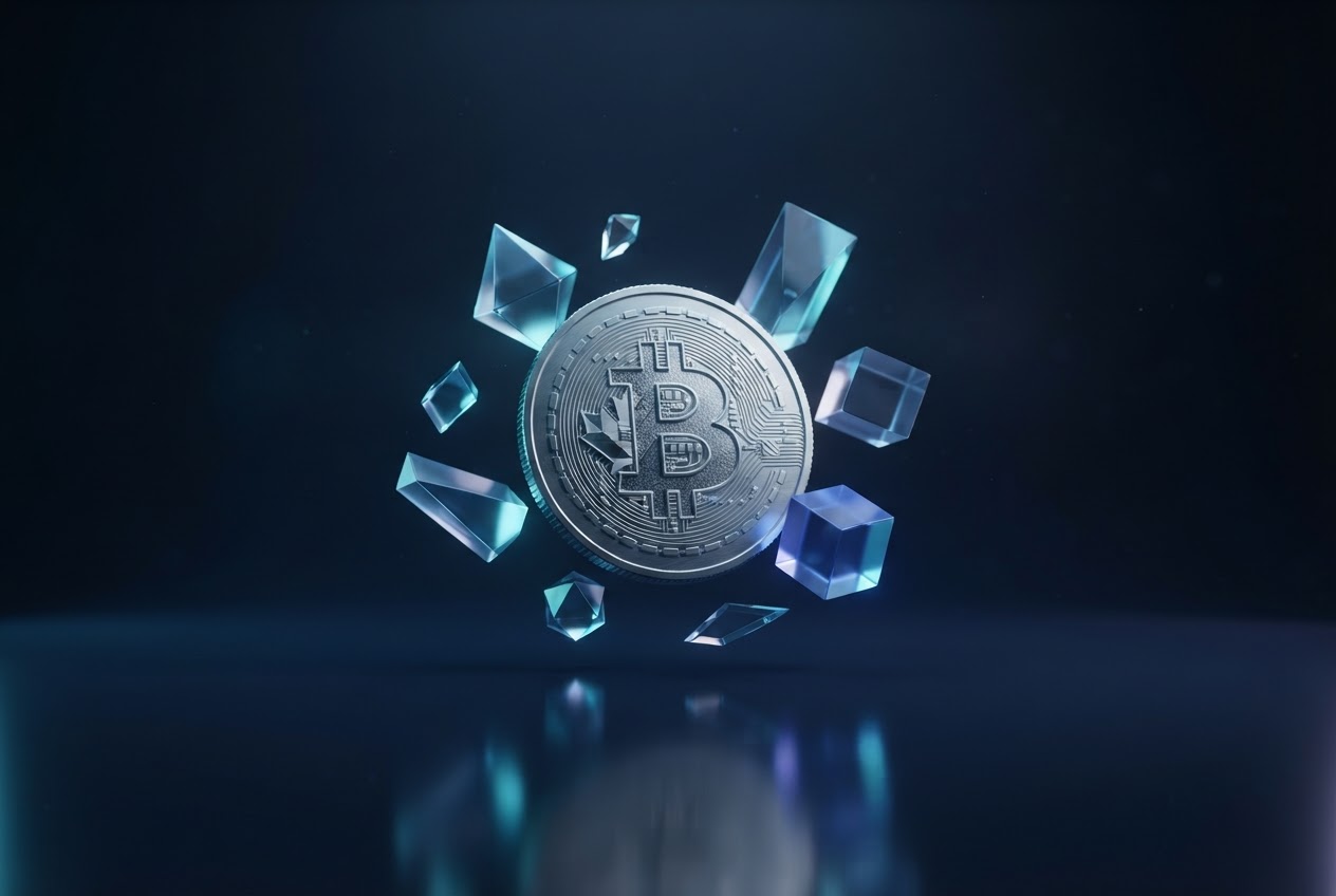 Sculptural Bitcoin coin with luminous blue glass forms