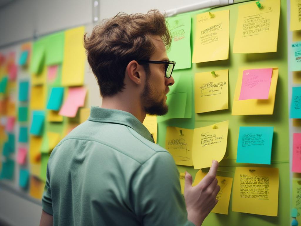 A focused individual brainstorming on a whiteboard, surrounded by colorful