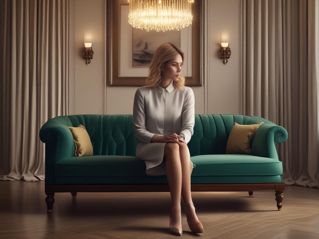 A serene setting featuring a beautiful woman sitting comfortably in