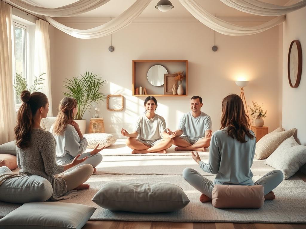 A cozy workshop space filled with soft cushions and calming