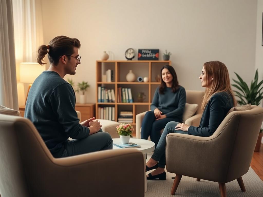 A cozy room where a coaching session is taking place, featuring two people engaged in a conversation. A soft, warm atmosphere with comfortable seating and personal development materials in the background.
