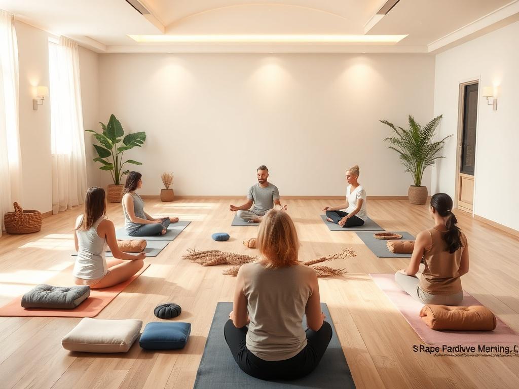 An inviting indoor space set up for a meditation workshop, featuring mats, cushions, and soft lighting. Participants are seated in a circle, practicing mindfulness in a tranquil atmosphere.