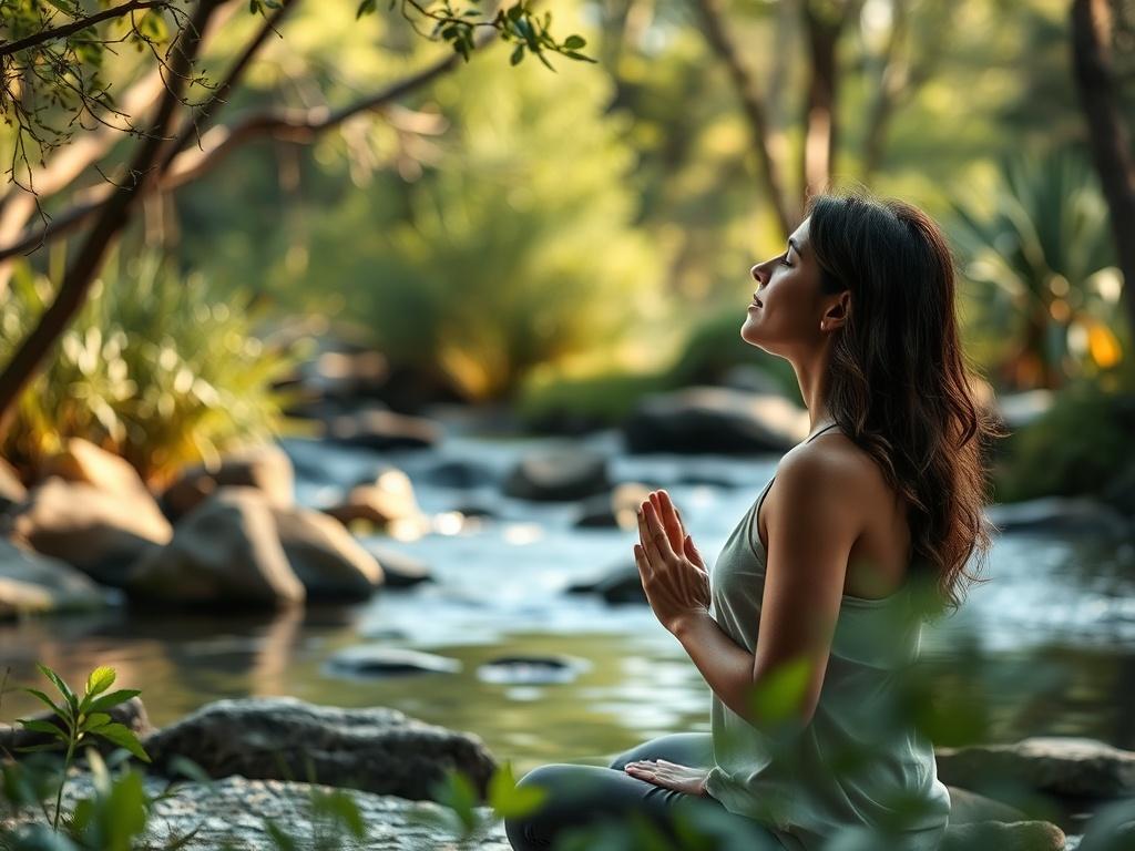 A serene setting with a person practicing breathwork in a peaceful outdoor environment. Soft, natural lighting enhances the calm atmosphere, surrounded by greenery and gentle flowing water in the background.