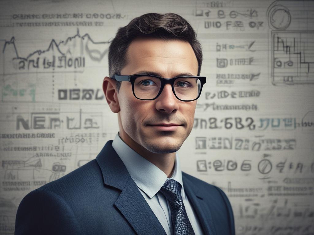 Create a realistic high-resolution photo that captures the essence of long-term thinking in investing. The composition should feature a single subject: a thoughtful investor, a middle-aged individual with a confident yet pensive expression, sitting at a modern desk. The investor should be examining financial charts on a sleek laptop, with a notepad and pen nearby, symbolizing careful planning and consideration. 

The background should be a softly blurred home office environment, suggesting a calm and focuse