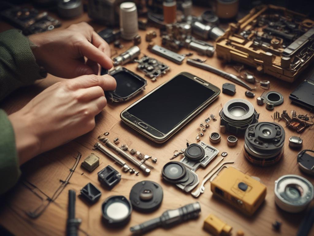 A skilled technician working on a disassembled smartphone, with tools
