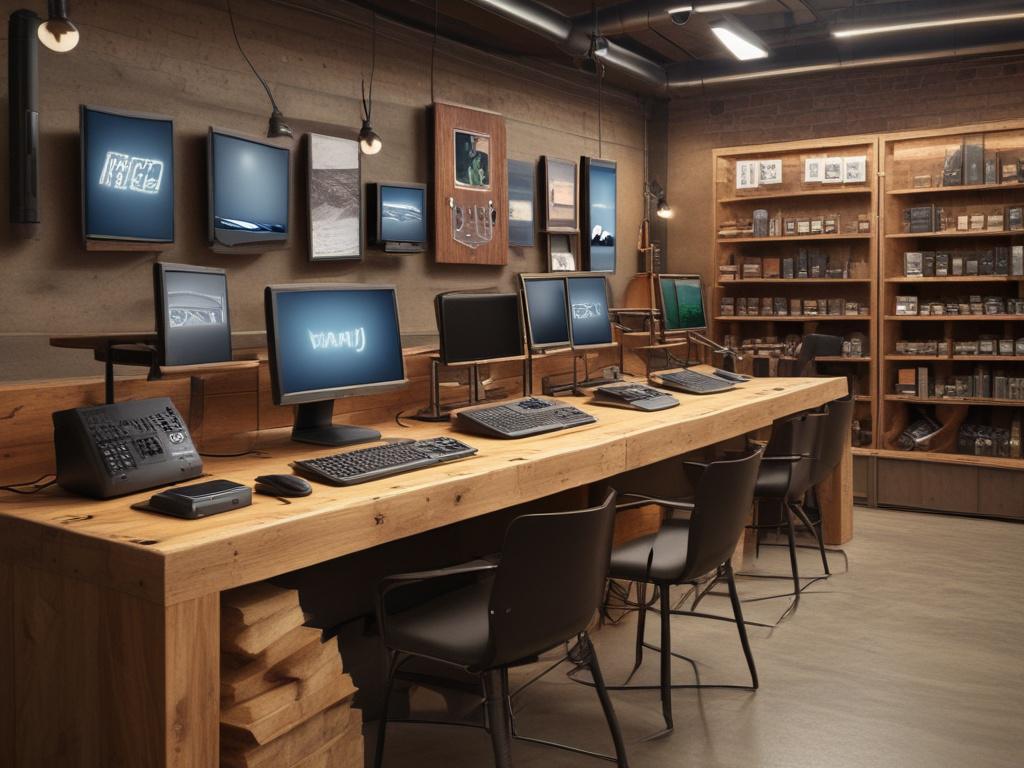 A neatly arranged display of refurbished electronics, including laptops and