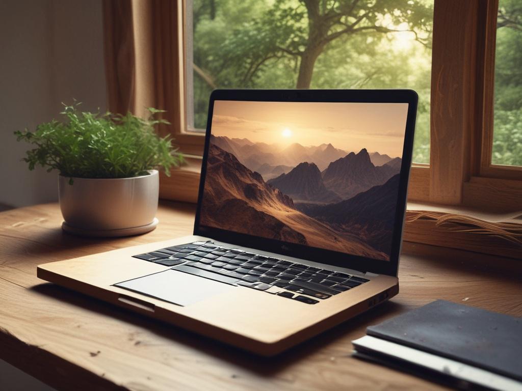 A single refurbished laptop sitting on a rustic wooden table,