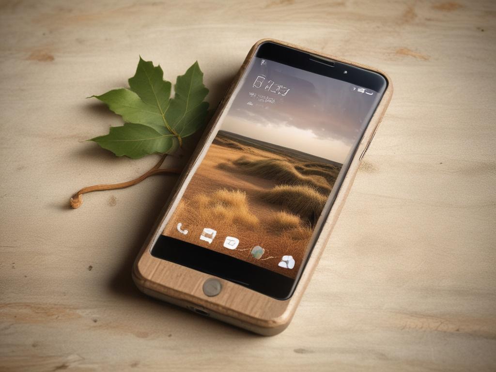 A single recycled smartphone placed on a textured, earthy surface