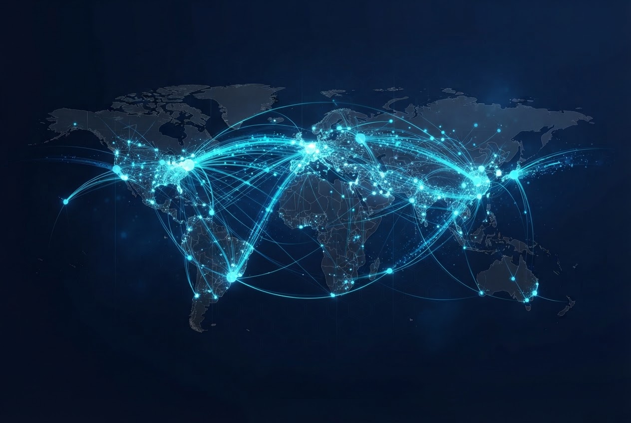 Abstract visualization of federal procurement intelligence: a glowing network of agencies, opportunities, and competitors