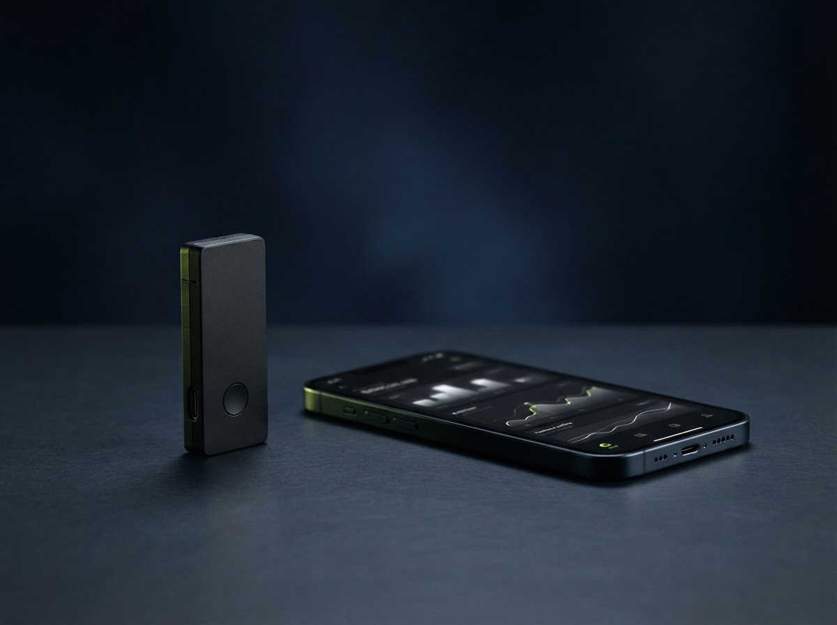 A hardware wallet and smartphone with an abstract portfolio interface