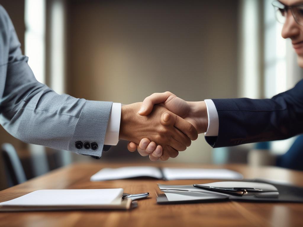 A realistic high-resolution photo of a professional business meeting focused on debt renegotiation. The scene shows a close-up of two professionals shaking hands over a modern wooden desk with financial documents and a calculator visible. The background is an elegant office setting with shelves and soft natural lighting. The composition is simple and clear, emphasizing trust and agreement. The primary color rgb(193, 153, 87) is subtly reflected in the office decor and the clothing accents of the professiona