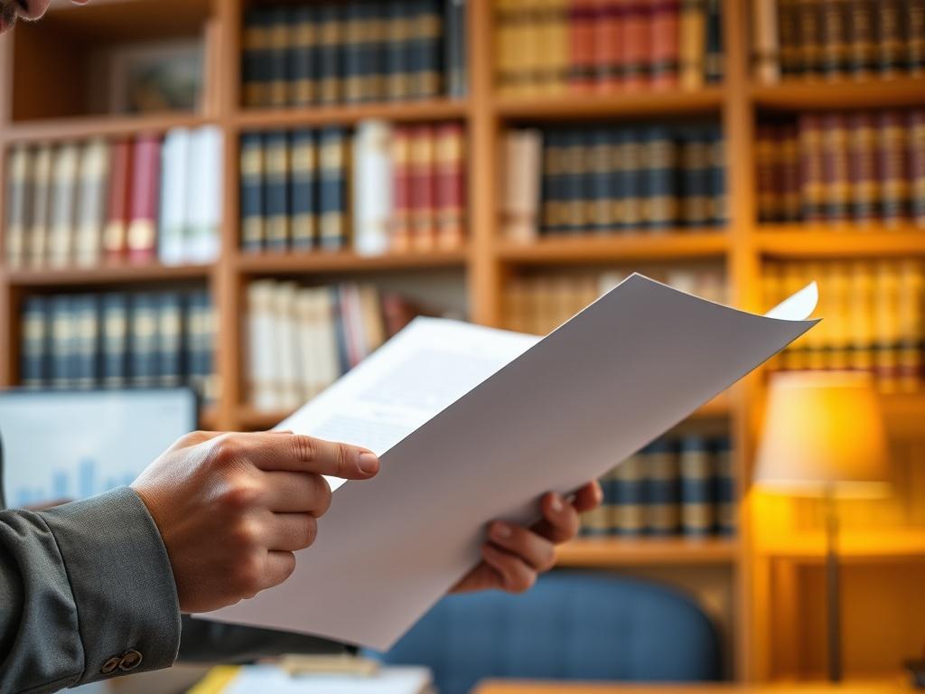 A hyper-realistic close-up photo of a person reviewing documents in a well-lit office environment. The focus is on the individual’s hands holding a document, with a warm, inviting atmosphere. The background features a blurred bookshelf filled with legal and financial books, ensuring a professional yet approachable ambiance. The color scheme aligns with rgb(193, 153, 87), creating a cohesive visual experience.