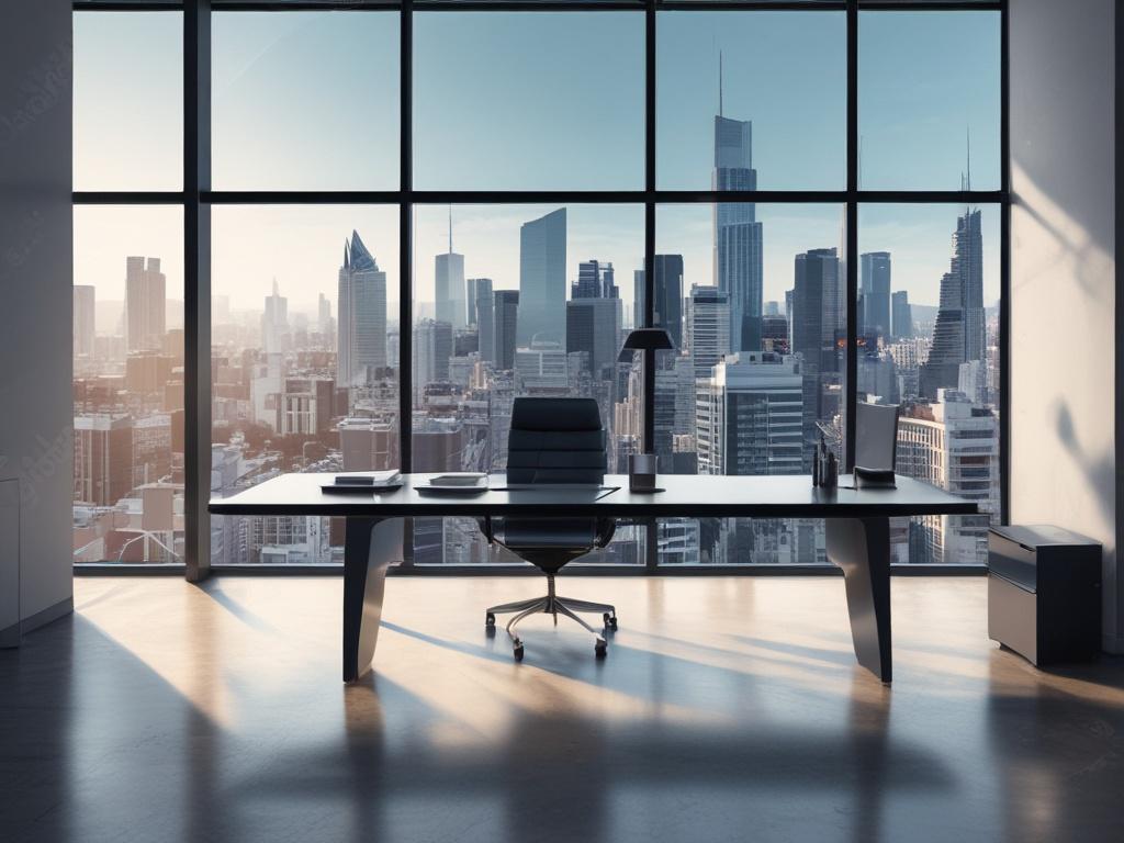 A realistic high-resolution photo of a modern office environment with a single professional individual confidently reviewing architectural plans on a sleek desk. The background features large windows revealing a cityscape of Milano with elegant buildings in cool-toned shades of rich blues and soft grays. The lighting is natural but subdued, creating a calm and focused atmosphere that complements the rgb(193, 153, 87) primary color subtly integrated in the office decor.
