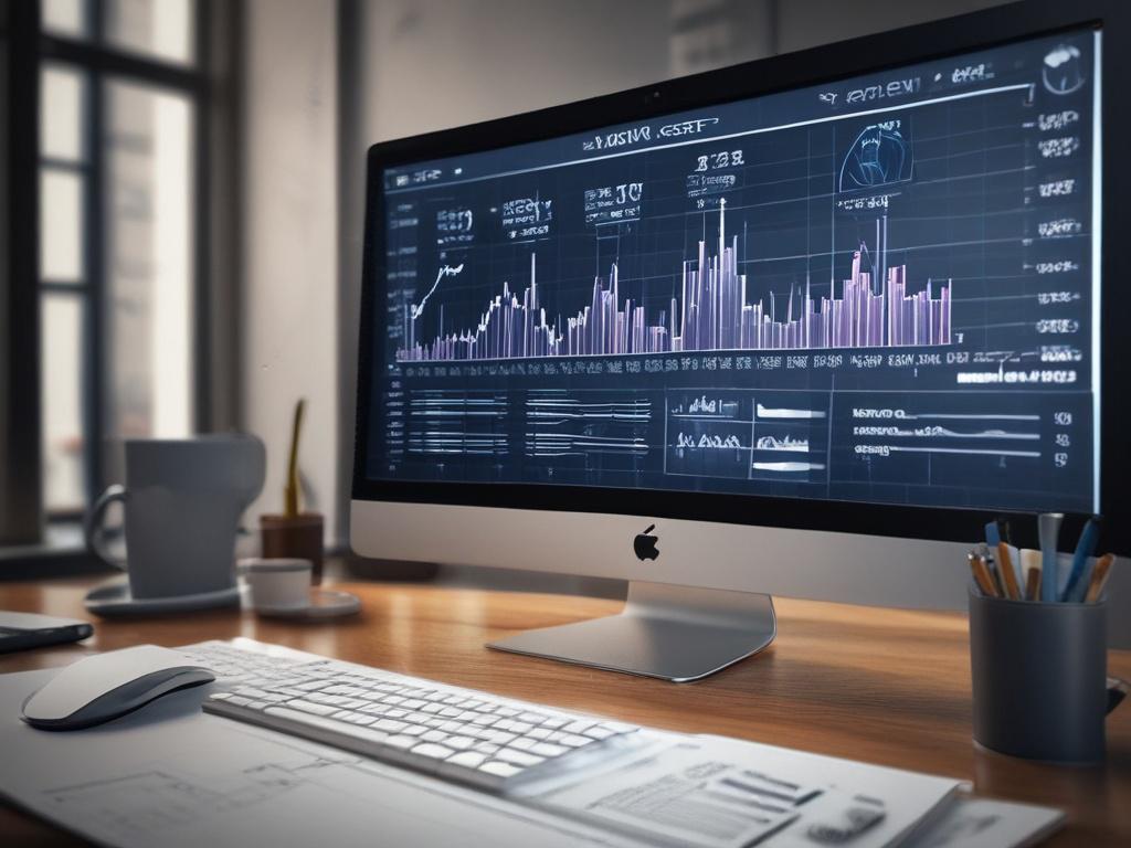 A realistic high-resolution photo of detailed financial charts and graphs displayed on a sleek computer screen in an elegant office setting. The composition focuses on the close-up view of the graphs showing upward trends, pie charts, and bar graphs with clear data points. The background is minimalistic with soft lighting and a color palette centered around rgb(193, 153, 87), giving a professional and sophisticated atmosphere. No people or text in the image, only the financial data visualization.