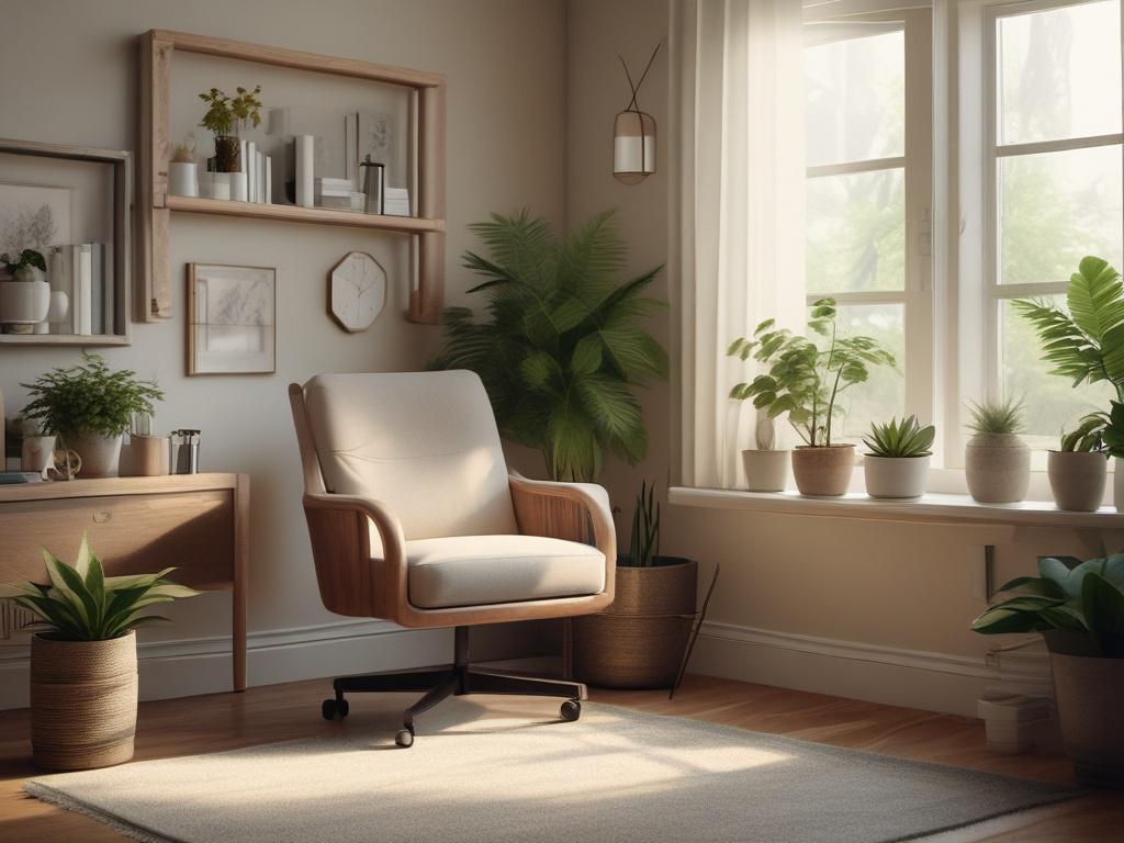 A serene therapist's office with soft lighting, a comfortable chair,