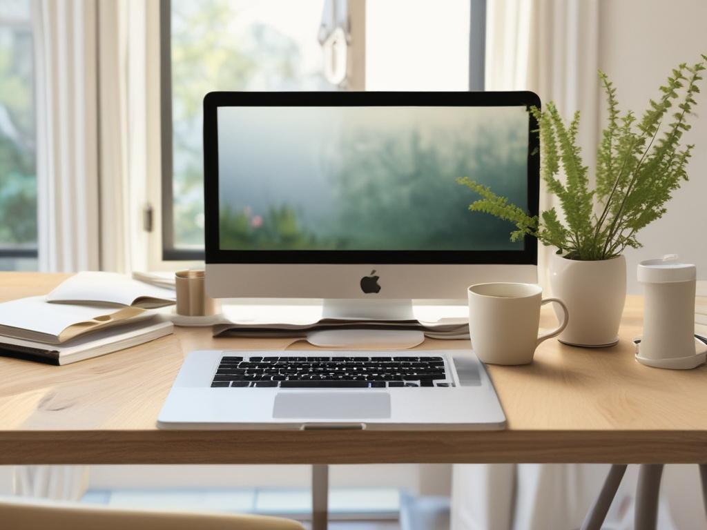 An inviting workspace with a laptop, notebooks, and a cup