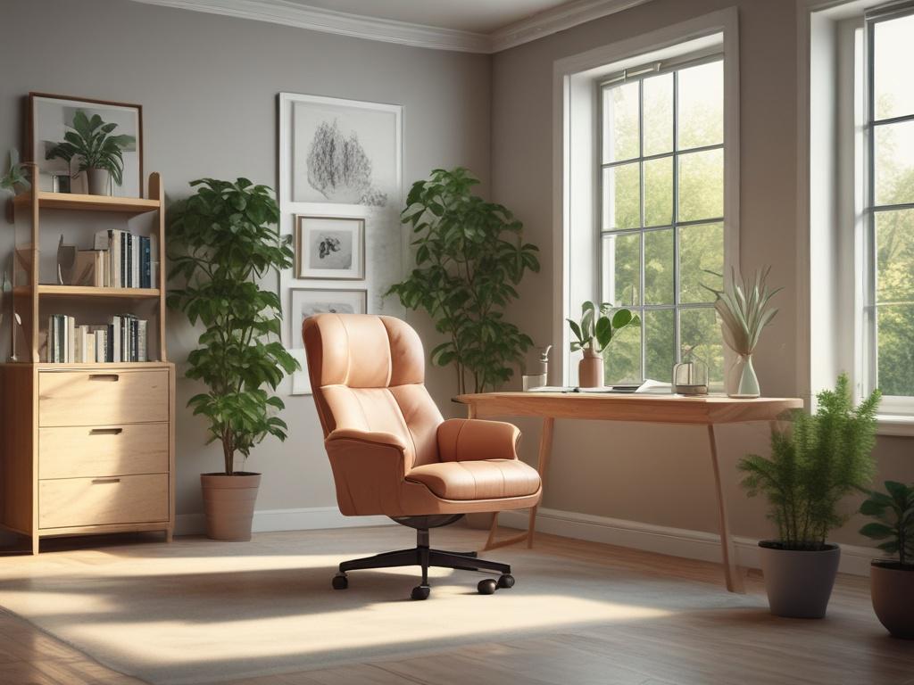 A serene psychologist's office with soft lighting, a comfortable chair,