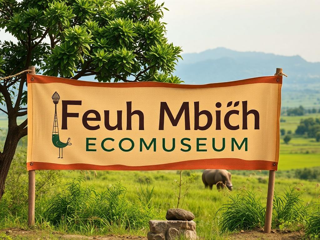Create a high-resolution photo featuring a beautifully designed banner for the Feuh Mbiēh Ecomuseum. The banner should showcase natural elements like lush greenery and earthy textures, representing the cultural heritage of the Mbiēh lineage. The composition should be simple and clear, focusing on the vibrant colors of the landscape, with a rustic aesthetic that resonates with the museum's mission. The background should be serene and inviting, capturing the essence of the ecological and cultural richness of 