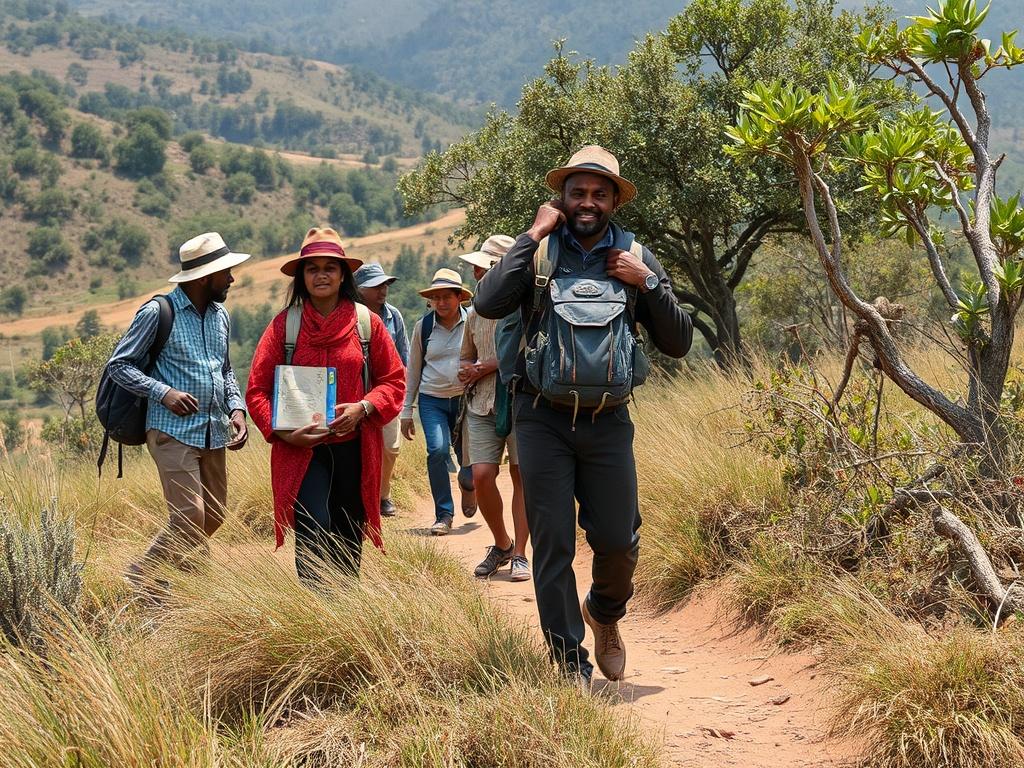 A high-resolution photo of a guided ecotourism group exploring a scenic natural site, with local cultural elements visible. The composition should emphasize interaction with nature and local culture, capturing the essence of responsible tourism in the Grassfields.