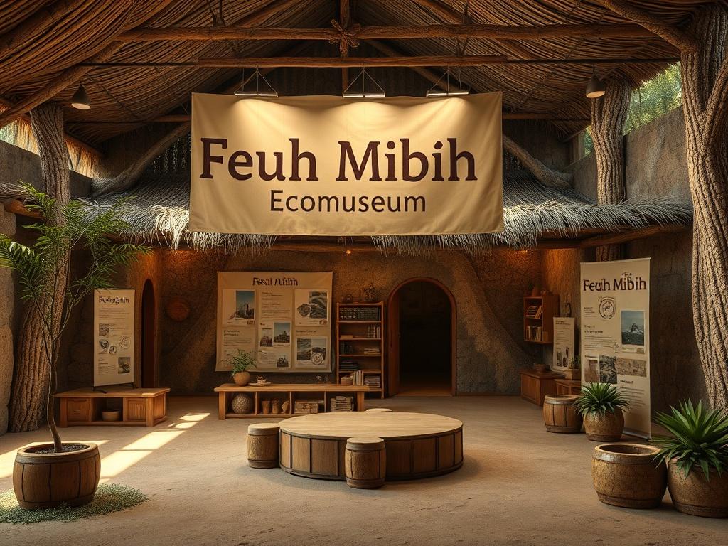 An artistic representation of the Feuh Mbiēh Ecomuseum showcasing its updated design elements, including a clear view of the integrated banner and promotional materials. The image should reflect natural textures and earthy colors, emphasizing the connection to the culture.