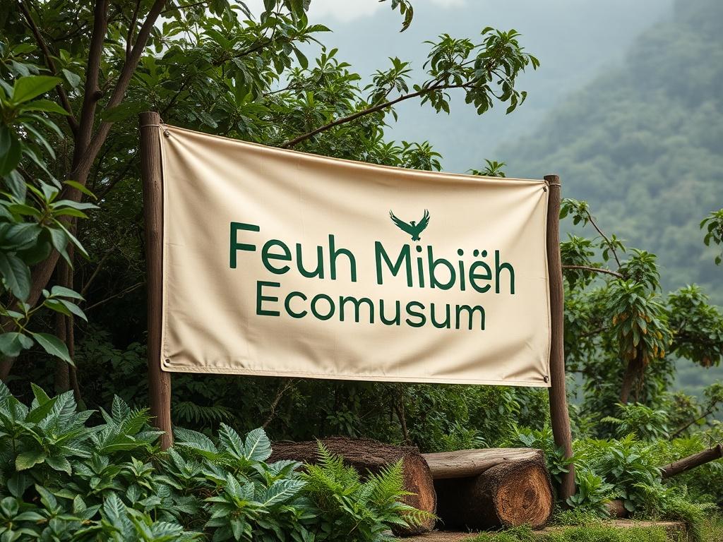 A serene image of the Feuh Mbiēh Ecomuseum banner displayed prominently in a natural setting, surrounded by lush greenery, with earthy tones that reflect the rustic aesthetic of the museum. The banner should be well-integrated into the scene, showcasing its design harmoniously with the environment.