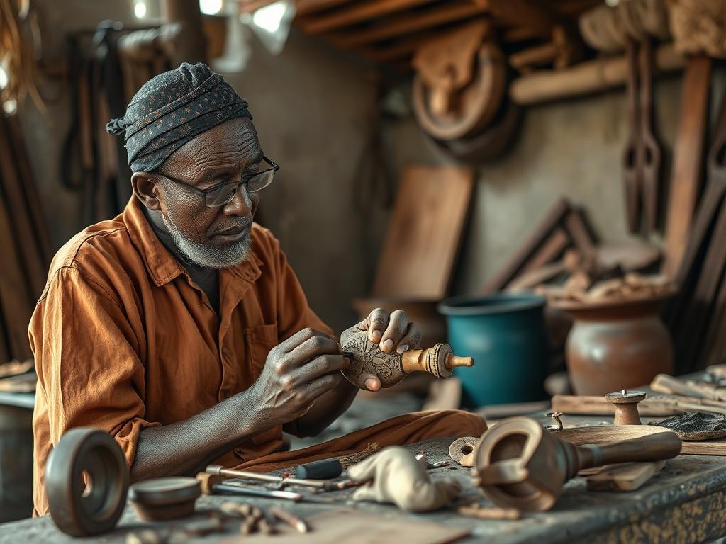 A realistic high-resolution image of a skilled artisan carefully restoring a traditional artifact from the Mbiēh lineage. The setting should be a rustic workshop filled with tools and materials, showcasing the intricate details of the artifact being restored. Soft natural light should illuminate the scene, highlighting the artisan's focused expression and the beauty of the artifact.