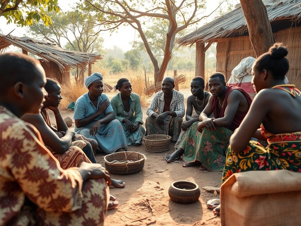 A community meeting in a village in the Grassfields of Cameroon. Locals engaged in discussion, with traditional crafts and natural surroundings in view. The setting conveys a sense of collaboration and teamwork, highlighting the importance of community involvement in sustainable development. Warm sunlight filters through the trees, creating an inviting atmosphere.