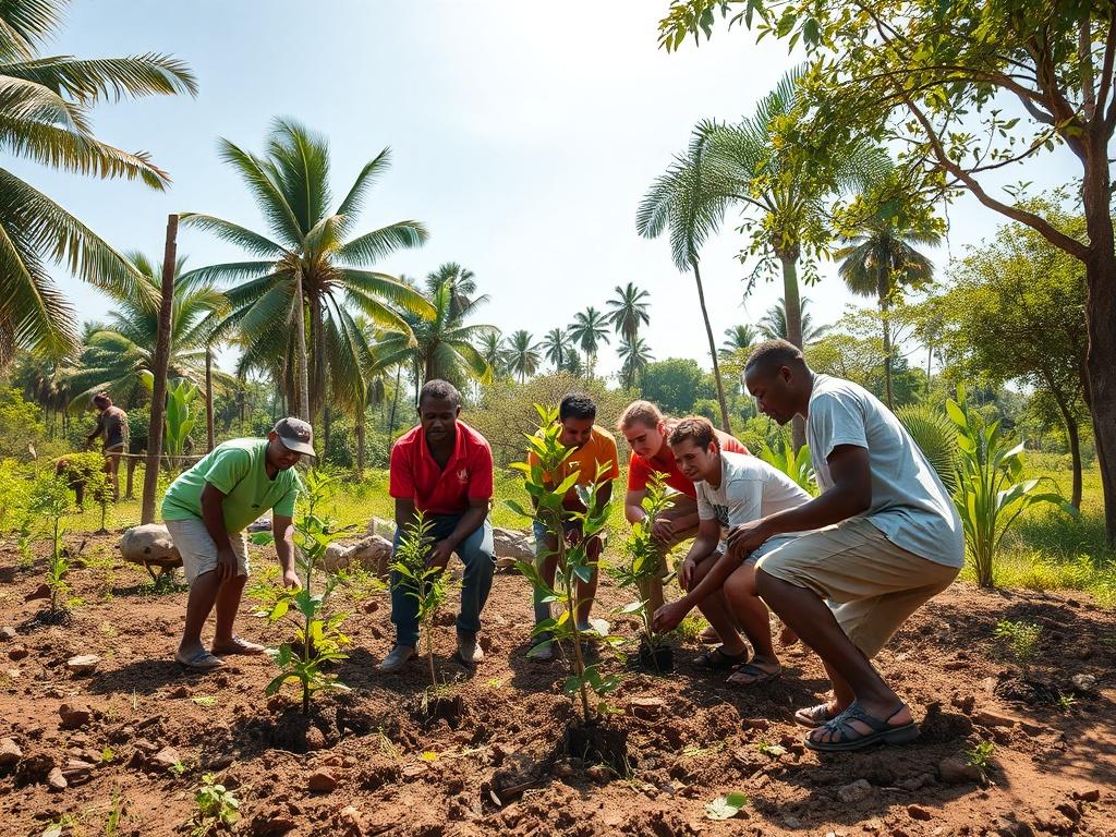 A high-resolution image capturing a group of volunteers planting trees in a lush landscape of the Grassfields region. The volunteers are diverse, showcasing unity in effort. The background features a mixture of tropical trees and local wildlife, under a bright, sunny sky, emphasizing the importance of environmental restoration.