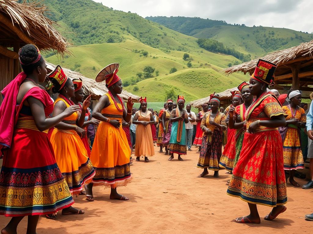 A vibrant cultural festival scene in the Grassfields of Cameroon. Brightly colored traditional attire worn by dancers, against a backdrop of lush green hills and rustic wooden structures. The atmosphere is lively with people engaged in dance and music, showcasing the rich cultural heritage of the region. The image captures the essence of ecotourism and cultural immersion.
