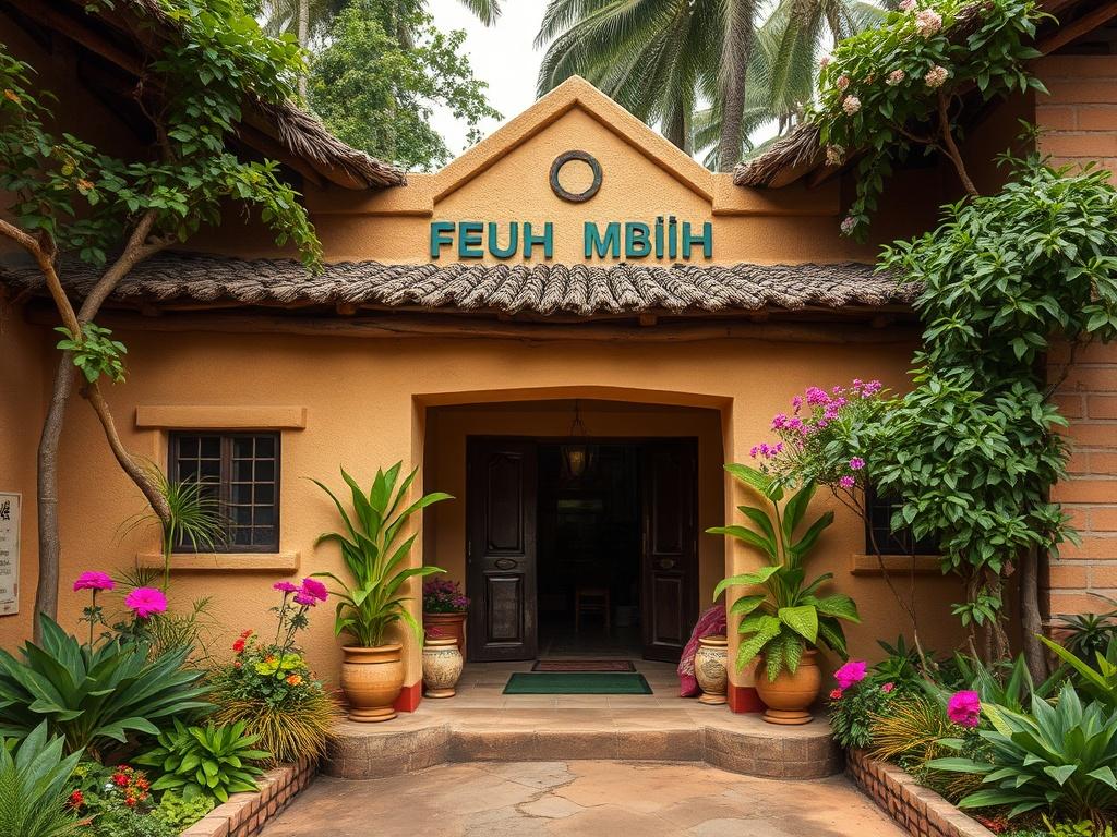 A vibrant and welcoming entrance of Feuh Mbiēh Ecomuseum, showcasing traditional Bamileké architecture, surrounded by lush greenery and vibrant flowers, capturing the essence of cultural heritage and natural beauty.