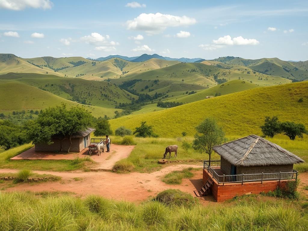A scenic view of the Grassfields region in Cameroon, showcasing the stunning landscape with rolling hills, traditional Bamileké houses, and people engaging in eco-friendly tourism activities, highlighting the beauty of nature and culture.