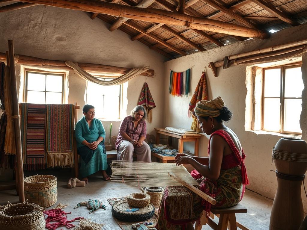 A close-up of a traditional artisan workshop at Feuh Mbiēh Ecomuseum, featuring a local artisan teaching visitors the craft of weaving, surrounded by colorful handcrafted textiles and natural light filtering through the windows.
