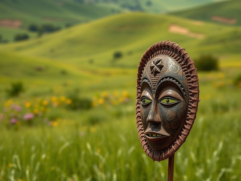 **Prompt for AI Image Generator:**

Create a realistic high-resolution photo that captures the essence of L'Écomuseum Feuh Mbiēh, titled "Une fenêtre sur notre patrimoine." The composition should focus on a single subject: a traditional Bamileké artifact, such as a beautifully handcrafted wooden mask or an intricately woven basket. 

The subject should be positioned in the foreground, with natural light illuminating its details to highlight the craftsmanship and cultural significance. In the background, sho