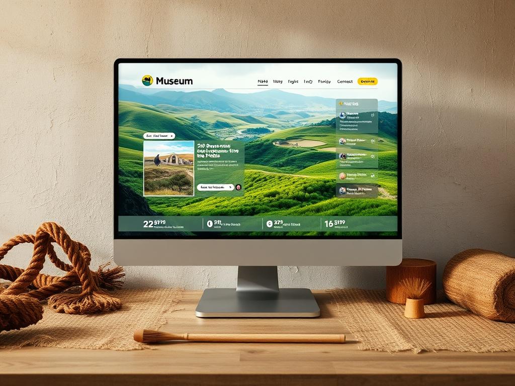 A realistic high-resolution photo showcasing a vibrant virtual museum interface on a computer screen. The screen displays 3D galleries and interactive AR trails, with a background featuring lush green landscapes from the Grassfields region. Warm earthy textures and natural tones surround the scene, emphasizing the connection to nature and culture. The composition is simple and clear, focusing on the computer screen as the main subject.