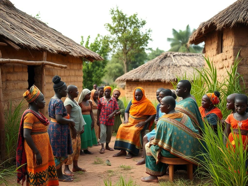 A high-resolution photo of a vibrant traditional grassfields village in Bamena, with lush greenery and rustic houses. The focus is on a traditional gathering of local people wearing cultural attire, engaged in a community activity. The background showcases the natural beauty of the region, with earthy tones and textures, reflecting the essence of the cultural heritage. The image captures a sense of community and celebration, evoking a grounded and rustic aesthetic.