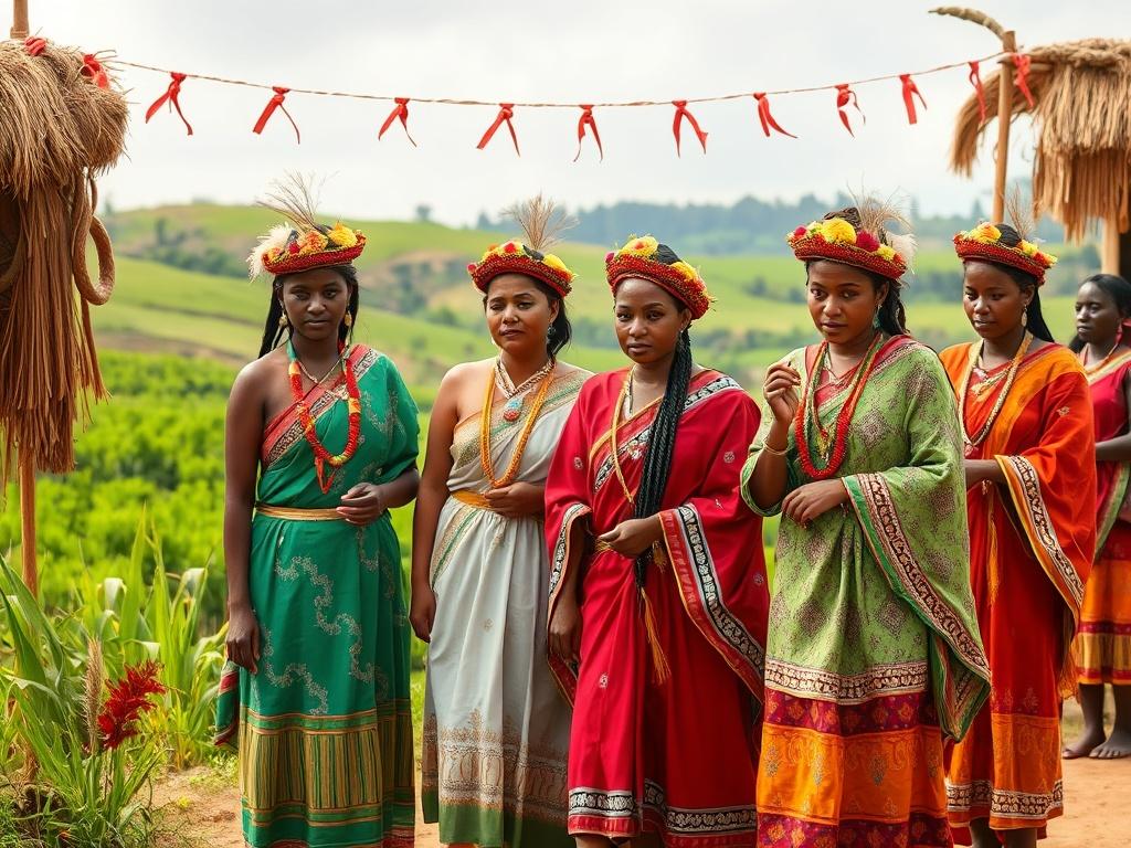 A vibrant festival scene depicting women in traditional Grassfields attire, symbolizing their vital role in governance and spirituality. The background features lush green landscapes typical of the region, with cultural artifacts and decorations that reflect the ancestral heritage. The composition showcases a group of women engaging in communal activities, celebrating their cultural identity and influence.