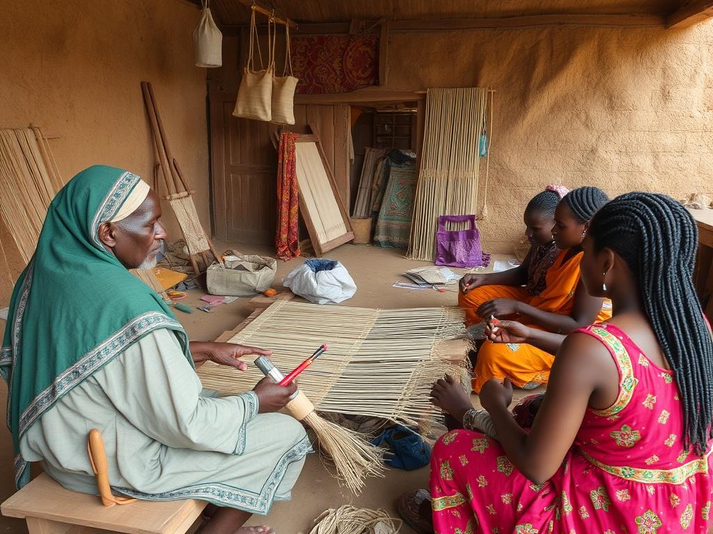 An artisan workshop setting in Cameroon, featuring a local craftsman