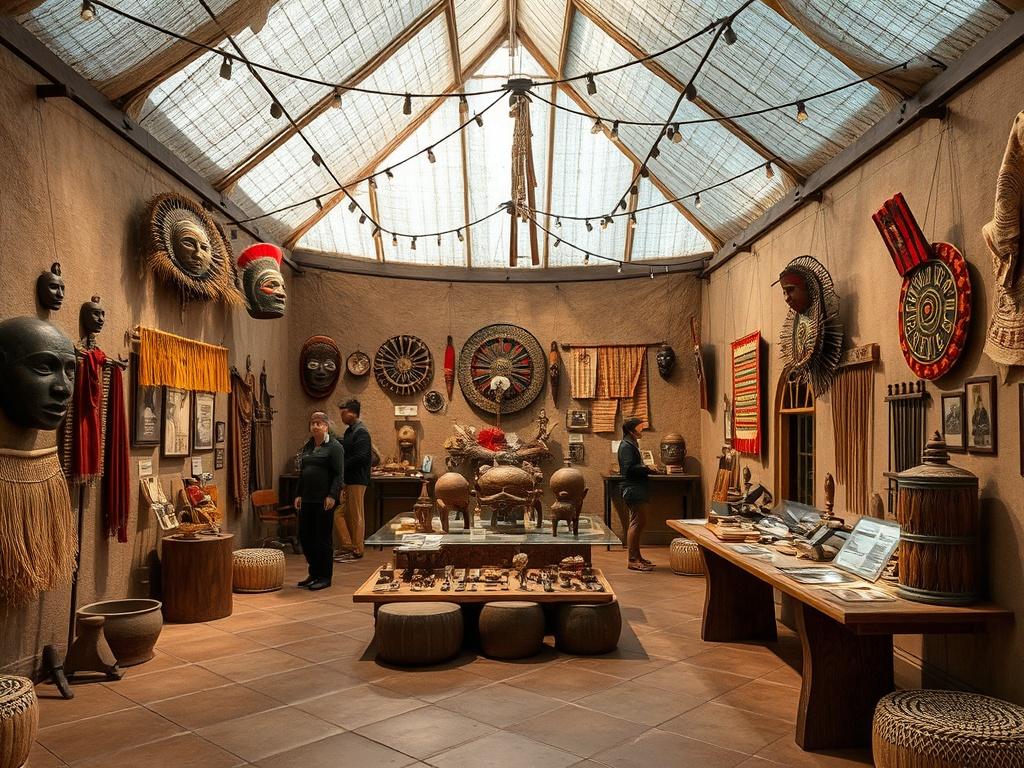 An immersive cultural exhibition space showcasing traditional Bamileké artifacts, with
