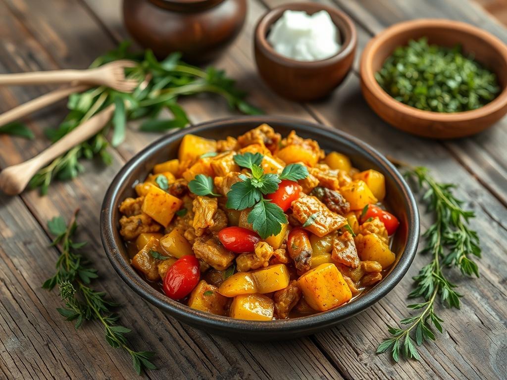 A beautifully presented traditional dish from the grassfields region of Cameroon, showcasing vibrant colors and textures. The dish is placed on a rustic wooden table, with natural lighting highlighting the freshness of the ingredients. Surrounding the dish are elements of local culture, such as traditional utensils and herbs, creating an inviting and warm atmosphere. The composition should focus on the dish as the main subject, with a soft, earthy background to enhance the rustic aesthetic.