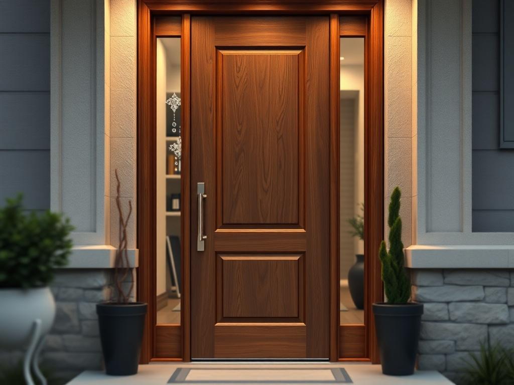 A high-resolution close-up shot of a newly installed front door, showcasing intricate craftsmanship and modern design. The door should be made of rich wood with polished hardware, standing out against a well-lit, inviting entryway. The background should have a soft focus, highlighting the door as the main subject while hinting at a well-maintained home exterior. The composition should be simple and clear, emphasizing the beauty and quality of the door installation.