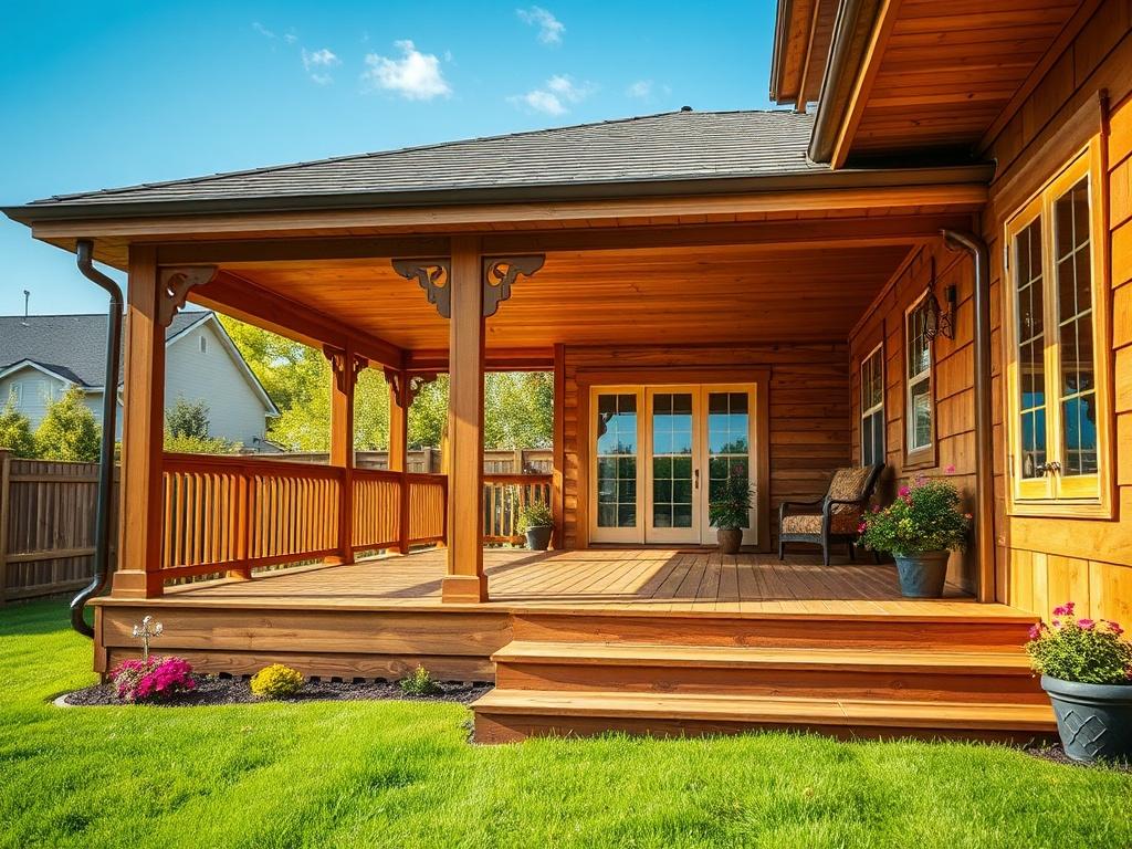 A beautifully crafted wooden porch and deck installation showcasing premium craftsmanship. The image focuses on a wide, inviting porch with a railing, adorned with decorative elements, and a spacious deck that extends into a backyard, surrounded by lush green grass and colorful flowers. The sunlight casts a warm glow over the wooden surfaces, highlighting their rich texture and natural finish. The background features a clear blue sky, creating an inviting atmosphere for outdoor gatherings.