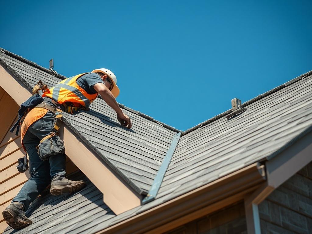 A hyper-realistic close-up shot of a skilled worker installing a new roof on a residential home. The worker, wearing safety gear, is carefully placing shingles on a steep roof. The background features a clear blue sky and the partially completed roof showcasing fresh, high-quality materials. The focus is on the craftsmanship and attention to detail in the roofing process.