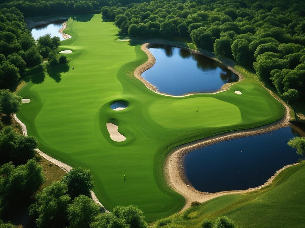 A stunning flyover style photo of a lush golf course fairway, captured from a high vantage point to showcase the intricate layout and vibrant green grass. The fairway should stretch out invitingly, surrounded by well-maintained landscaping, including trees and bunkers, all under a clear blue sky. The shot should be taken with a 45mm f/1.2 lens to create a hyper-realistic effect, emphasizing the rich textures and colors of the golf course, while ensuring the image aligns with the RGB(2, 86, 197) primary colo