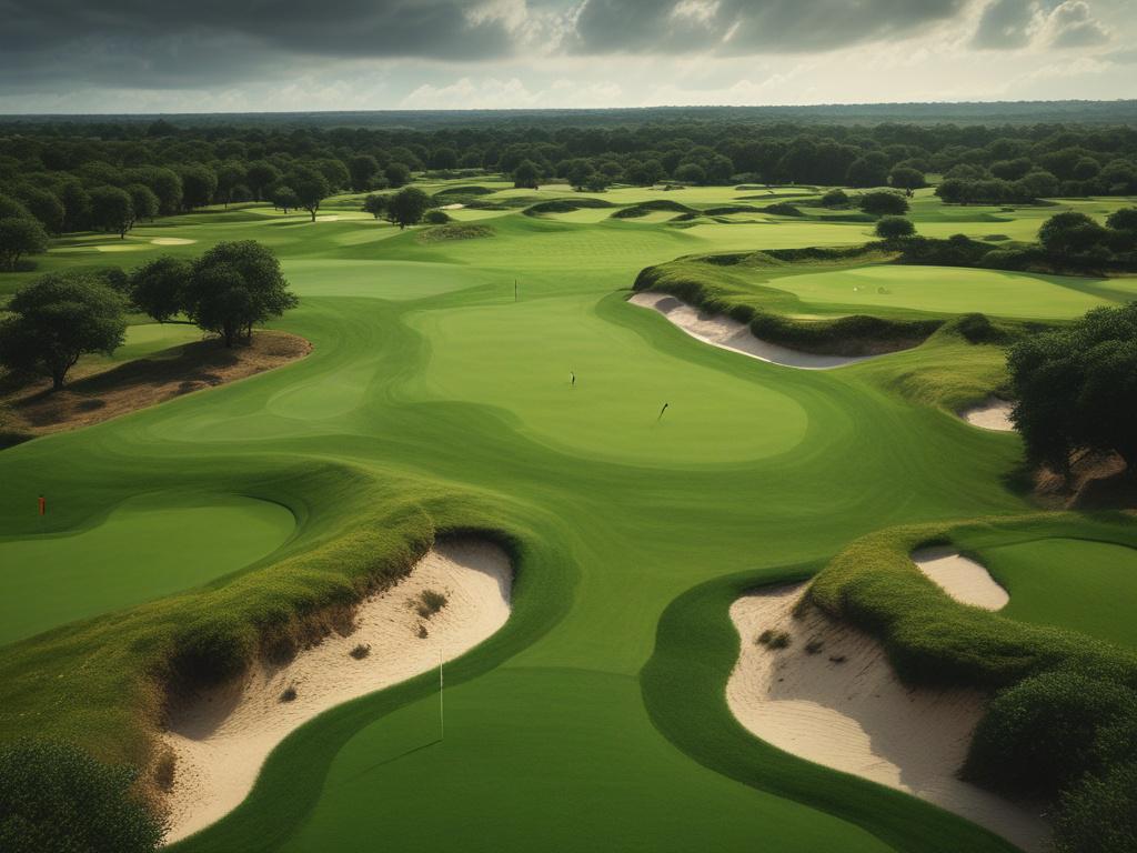 A stunning flyover style photo capturing a lush green golf course with a golfer in the foreground putting on the green. The shot should emphasize the smooth contours of the course, showcasing the manicured fairways and vibrant greenery. The composition should be focused on the golfer, highlighting their concentration and stance, while also allowing the expansive beauty of the course to be visible in the background. The image should be hyper-realistic, rendered in high resolution, mimicking the perspective o