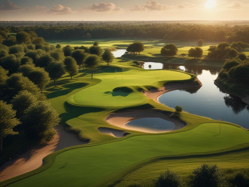 A drone in flight above a scenic golf course, capturing