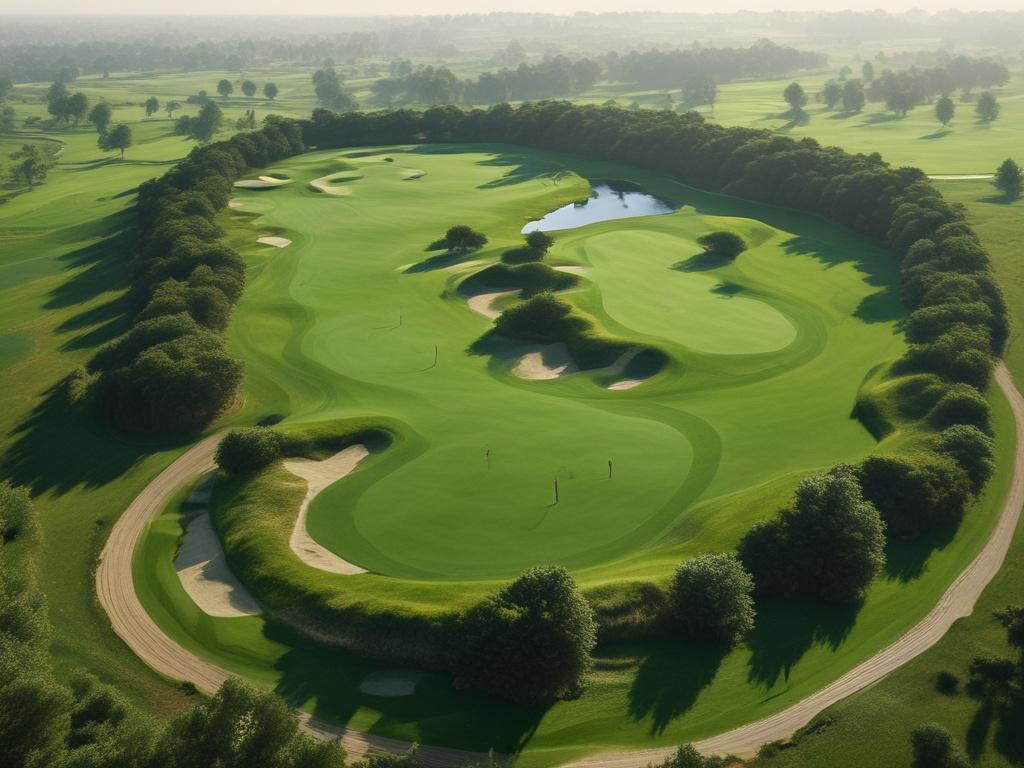 A breathtaking aerial view of a lush green golf course,